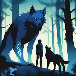 A blue and black demon wolf with blue demonic markings and lightning crackling around it, standing alongside its dark-haired human companion in his early twenties