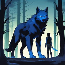 A blue and black demon wolf with blue demonic markings and lightning crackling around it, standing alongside its dark-haired human companion in his early twenties