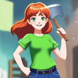 A ginger-haired girl wearing a green t-shirt and blue jeans, holding a brilliant ax in her hands