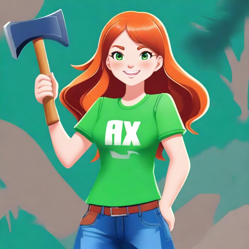 A ginger-haired girl wearing a green t-shirt and blue jeans, holding a brilliant ax in her hands