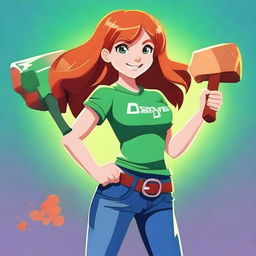 A ginger-haired girl wearing a green t-shirt and blue jeans, holding a brilliant ax in her hands