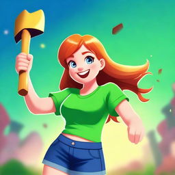 A ginger-haired girl wearing a green t-shirt and blue jeans, holding a brilliant ax in her hands