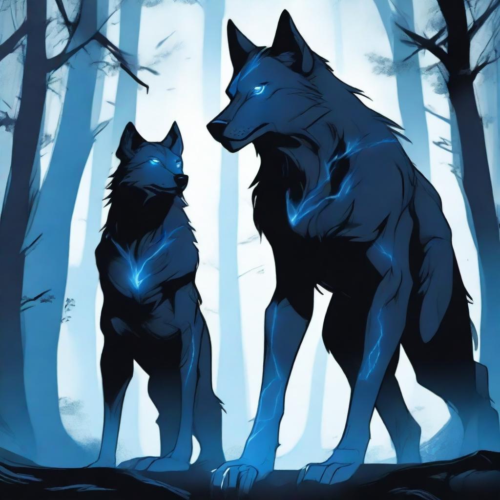 A blue and black demon wolf with blue demonic markings and lightning crackling around it, standing next to his dark-haired human companion in his early twenties