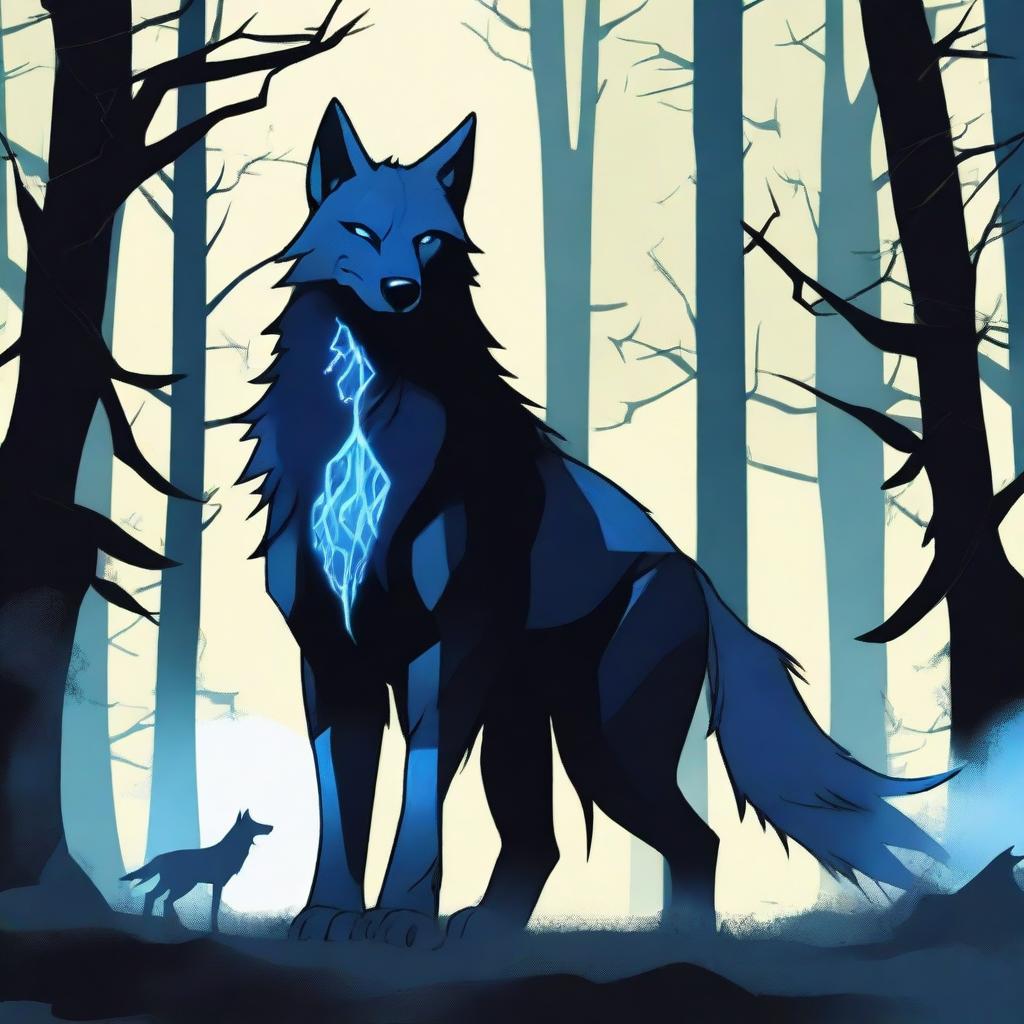 A blue and black demon wolf with blue demonic markings and lightning crackling around it, standing next to his dark-haired human companion in his early twenties