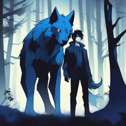 A blue and black demon wolf with blue demonic markings and lightning crackling around it, standing next to his dark-haired human companion in his early twenties