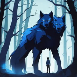 A blue and black demon wolf with blue demonic markings and lightning crackling around it, standing next to his dark-haired human companion in his early twenties