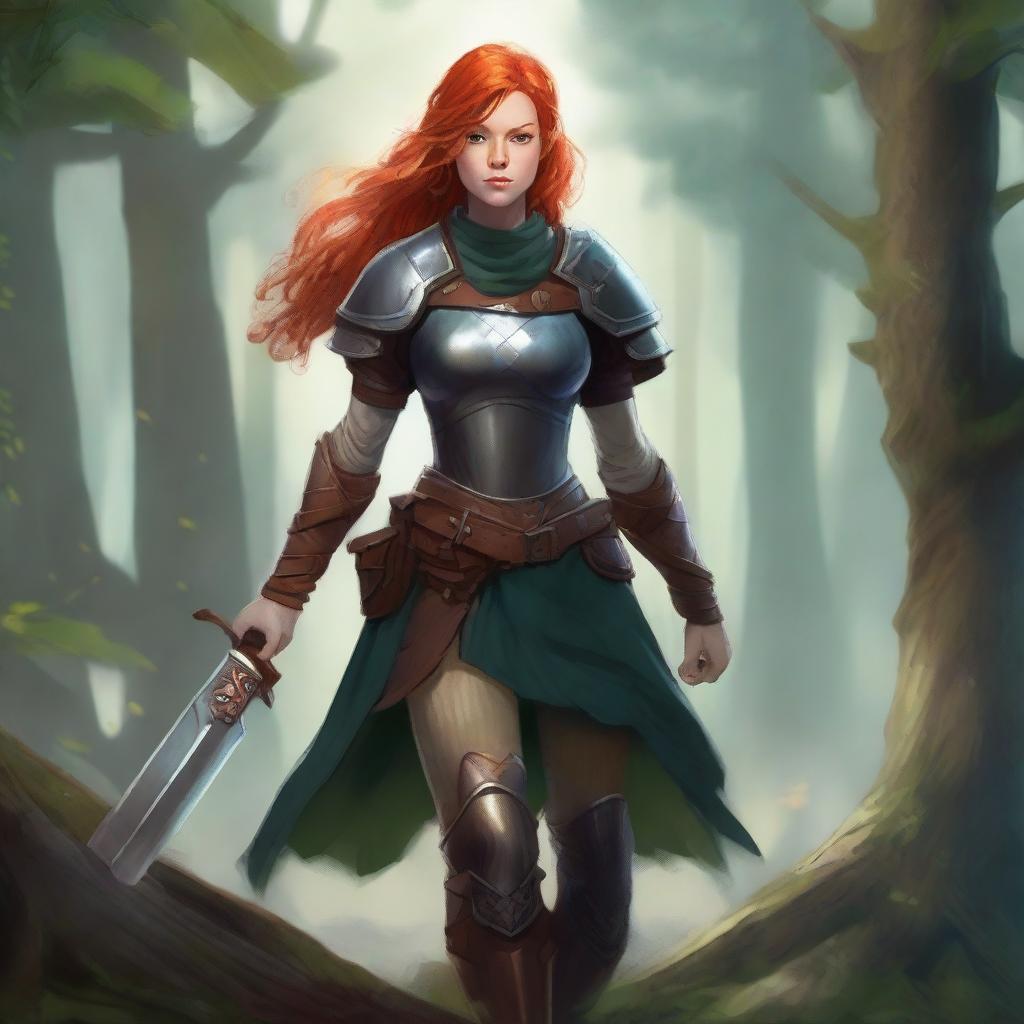 A detailed concept art of a ginger-haired girl wielding an axe