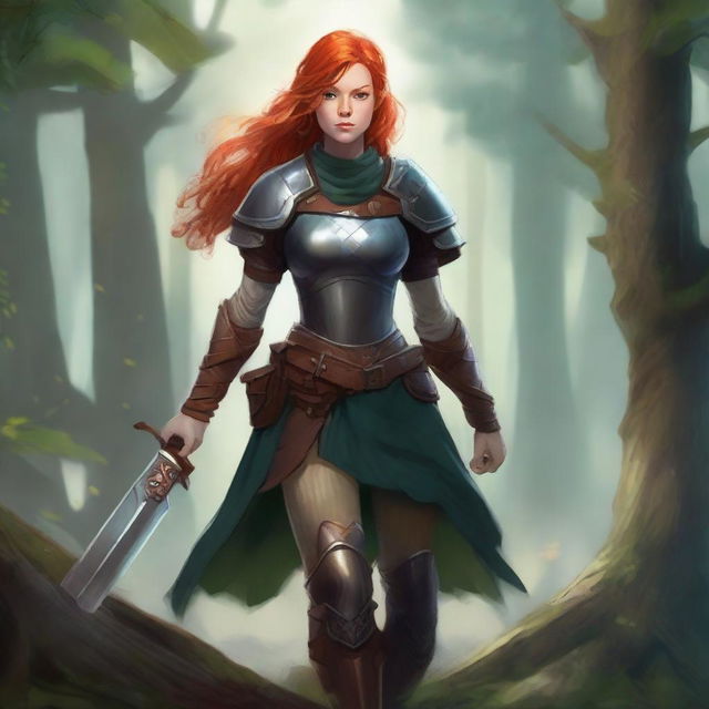 A detailed concept art of a ginger-haired girl wielding an axe