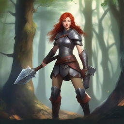 A detailed concept art of a ginger-haired girl wielding an axe