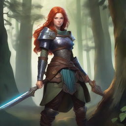 A detailed concept art of a ginger-haired girl wielding an axe