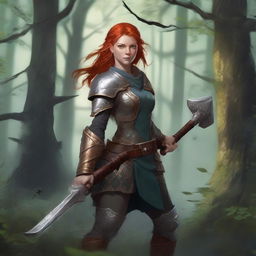 A detailed concept art of a ginger-haired girl wielding an axe