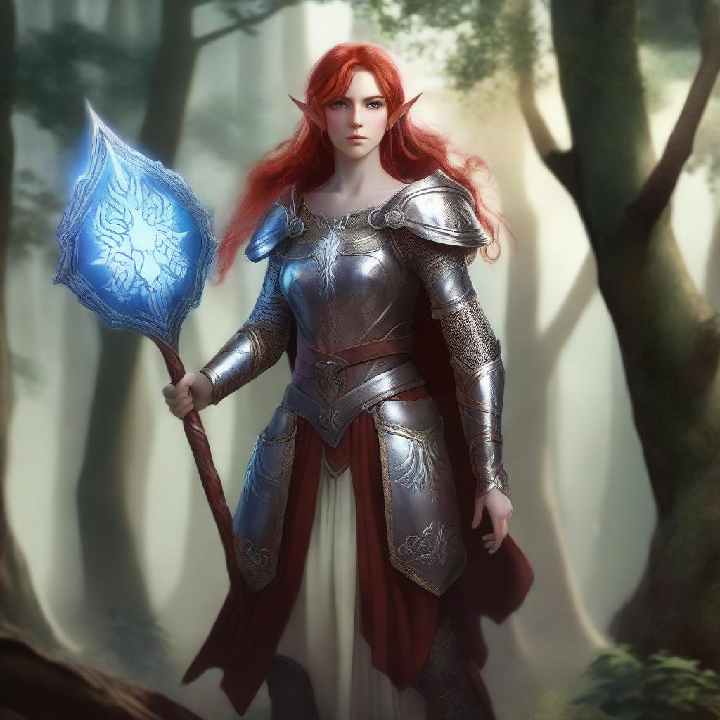 A female elf paladin with ashen skin and red hair, wielding a holy shield and a mace