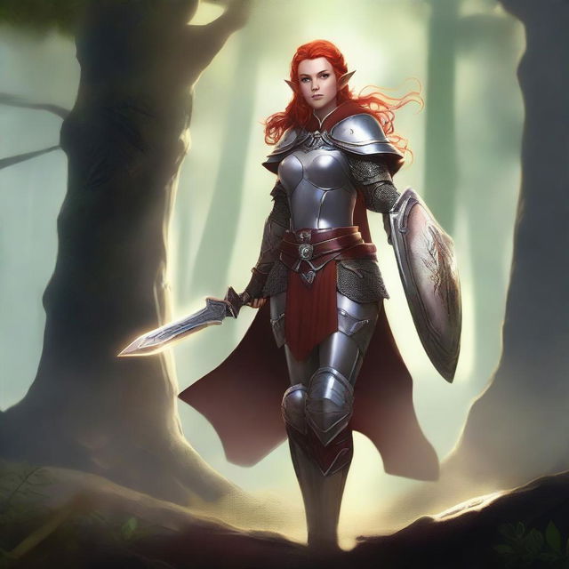 A female elf paladin with ashen skin and red hair, wielding a holy shield and a mace