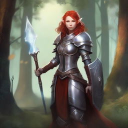 A female elf paladin with ashen skin and red hair, wielding a holy shield and a mace