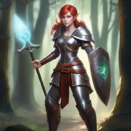 A female elf paladin with ashen skin and red hair, wielding a holy shield and a mace