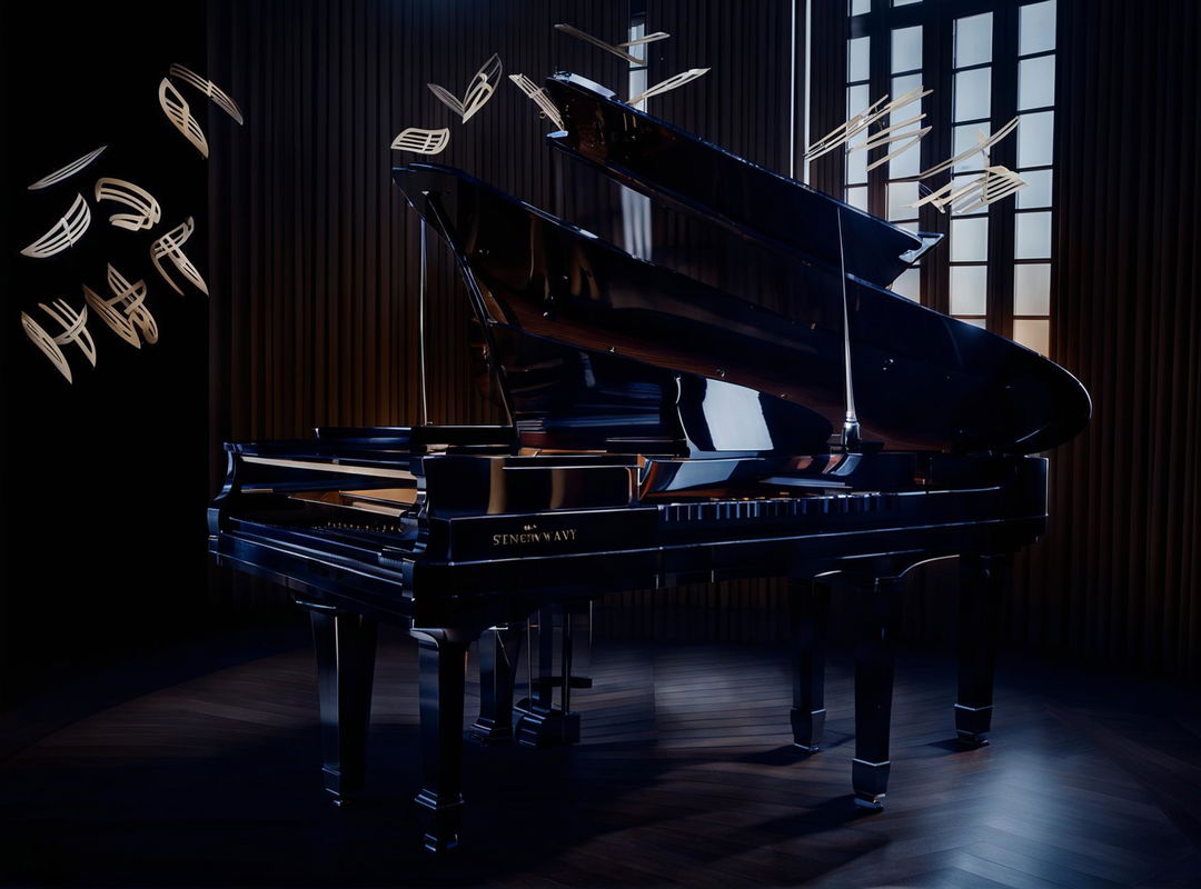 A highly realistic side view of a Steinway grand piano with realistic musical notes rising from it in a sophisticated room.