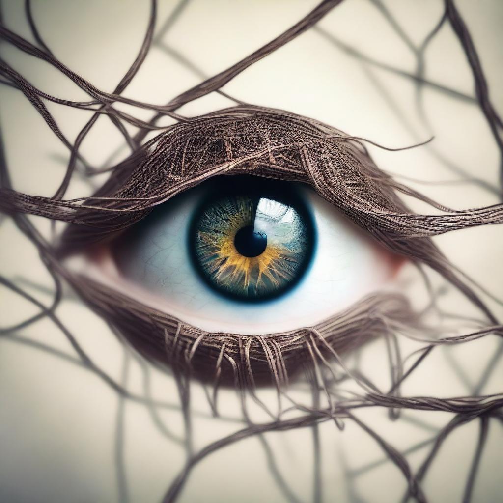 Create an image featuring abstract eye strings, where strings are intricately woven through and around realistic eyes