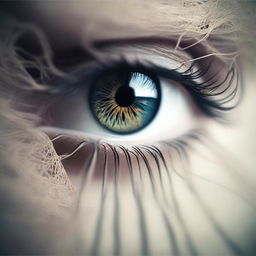 Create an image featuring abstract eye strings, where strings are intricately woven through and around realistic eyes