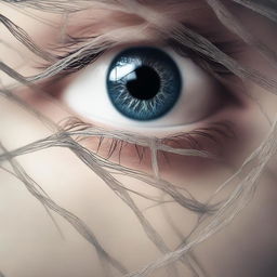 Create an image featuring abstract eye strings, where strings are intricately woven through and around realistic eyes