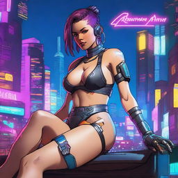 A full-body illustration of Panam from Cyberpunk 2077, reclining in a futuristic setting