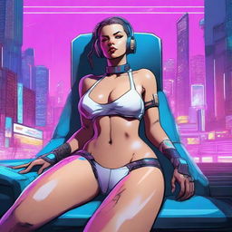 A full-body illustration of Panam from Cyberpunk 2077, reclining in a futuristic setting