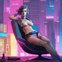 A full-body illustration of Panam from Cyberpunk 2077, reclining in a futuristic setting