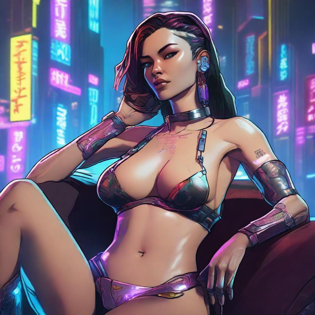 A full-body illustration of Panam from Cyberpunk 2077, reclining in a futuristic setting