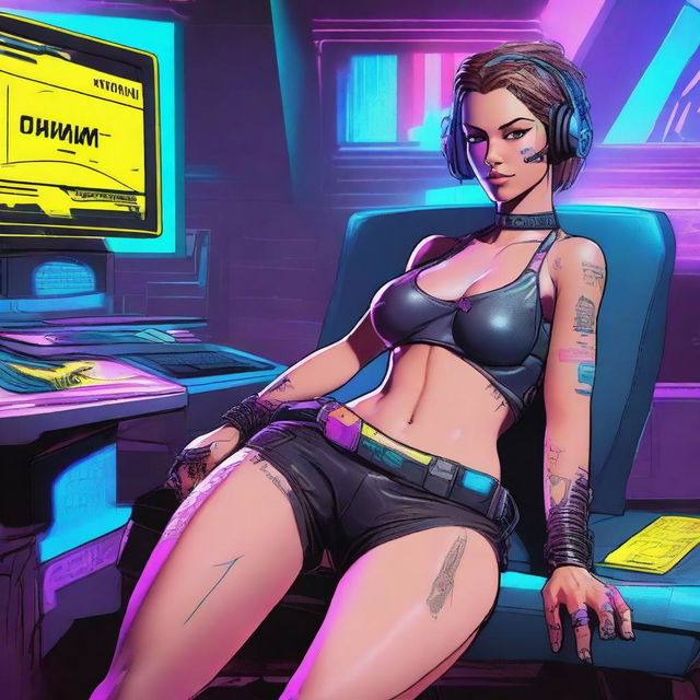 A full-body illustration of Panam Palmer from Cyberpunk 2077, laying down in a relaxed pose