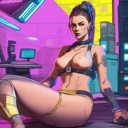 A full-body illustration of Panam Palmer from Cyberpunk 2077, laying down in a relaxed pose