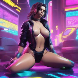 A full-body illustration of Panam Palmer from Cyberpunk 2077, laying down in a relaxed pose