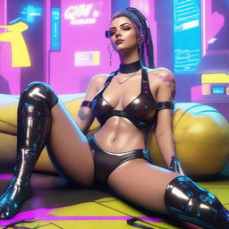 A full-body illustration of Panam Palmer from Cyberpunk 2077, laying down in a relaxed pose