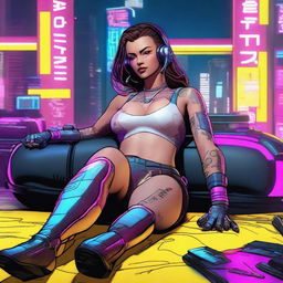 A realistic full-body illustration of Panam Palmer from Cyberpunk 2077, laying down in a relaxed pose