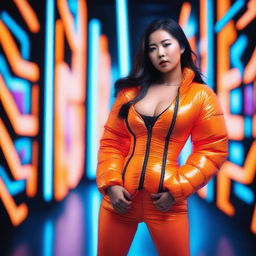 A stylish Asian woman wearing a tight, shiny orange puffer corset, posing confidently in a modern urban setting with vibrant neon lights