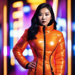 A stylish Asian woman wearing a tight, shiny orange puffer corset, posing confidently in a modern urban setting with vibrant neon lights