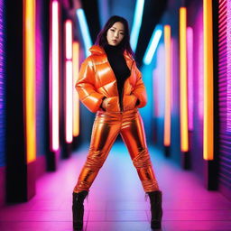 A stylish Asian woman wearing a tight, shiny orange puffer corset, posing confidently in a modern urban setting with vibrant neon lights