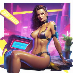 A full-body illustration of Panam Palmer from Cyberpunk 2077, laying down and smiling, rendered in the style of Boris Vallejo