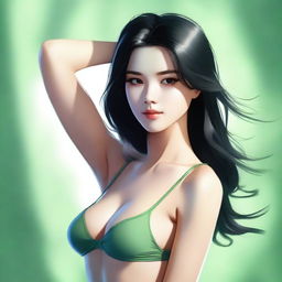 A young woman with shoulder-length black hair and a slender but toned body, wearing green underwear