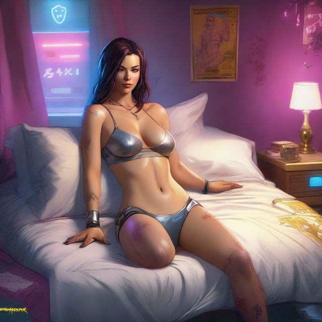 A full-body illustration of Panam Palmer from Cyberpunk 2077, laying in bed and smiling, rendered in the style of Boris Vallejo