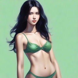 A young European woman with shoulder-length black hair and a slender but toned body, wearing green underwear