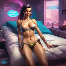 A full-body widescreen illustration of Panam Palmer from Cyberpunk 2077, laying in bed and smiling, rendered in the style of Boris Vallejo