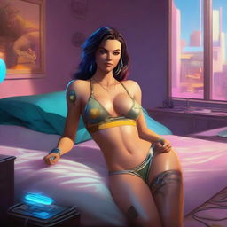 A full-body widescreen illustration of Panam Palmer from Cyberpunk 2077, laying in bed and smiling, rendered in the style of Boris Vallejo