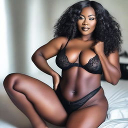 A beautiful busty Black woman with a toned body, wearing black lingerie