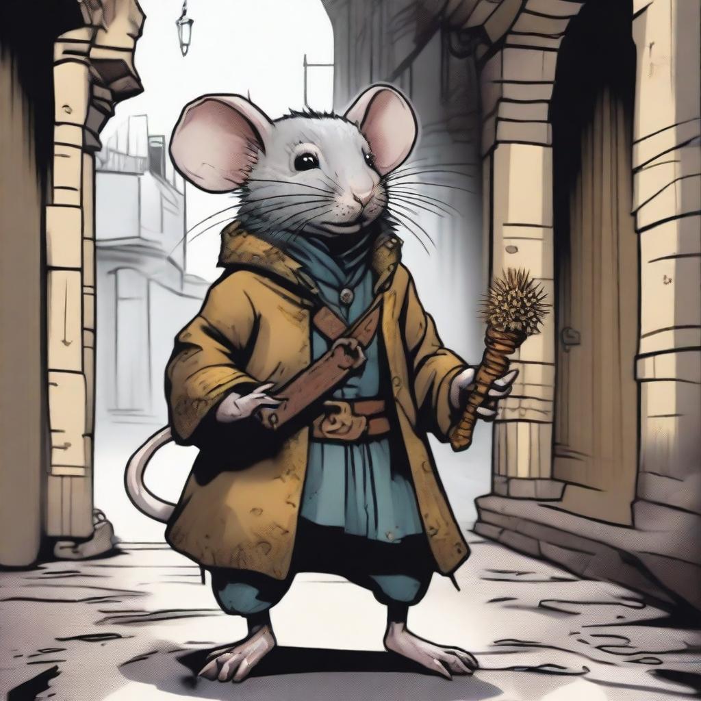 A detailed illustration of a rat folk Dungeons & Dragons character with an urchin background