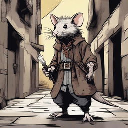 A detailed illustration of a rat folk Dungeons & Dragons character with an urchin background