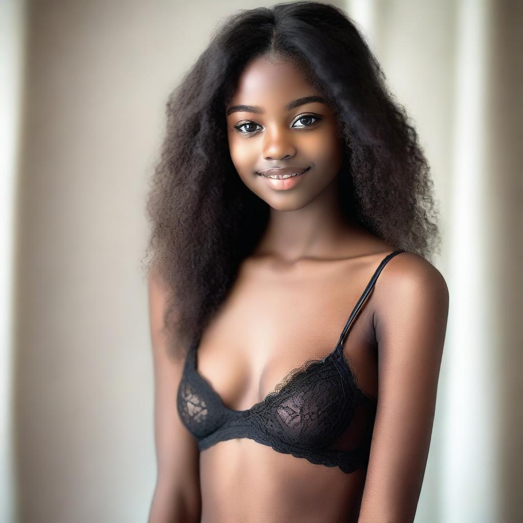 A beautiful Black 18-year-old woman with a slender body, wearing lingerie