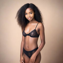 A beautiful Black 18-year-old woman with a slender body, wearing lingerie