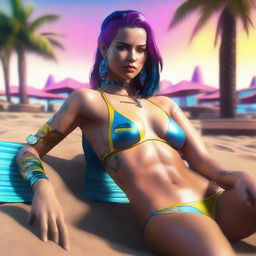 Create an image of Panam Palmer from Cyberpunk 2077 laying down in a bikini