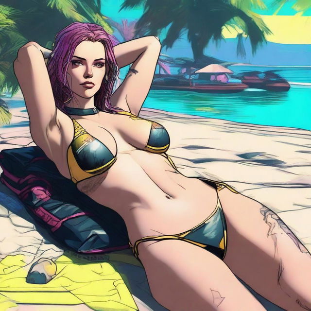 Create an image of Panam Palmer from Cyberpunk 2077 laying down in a bikini