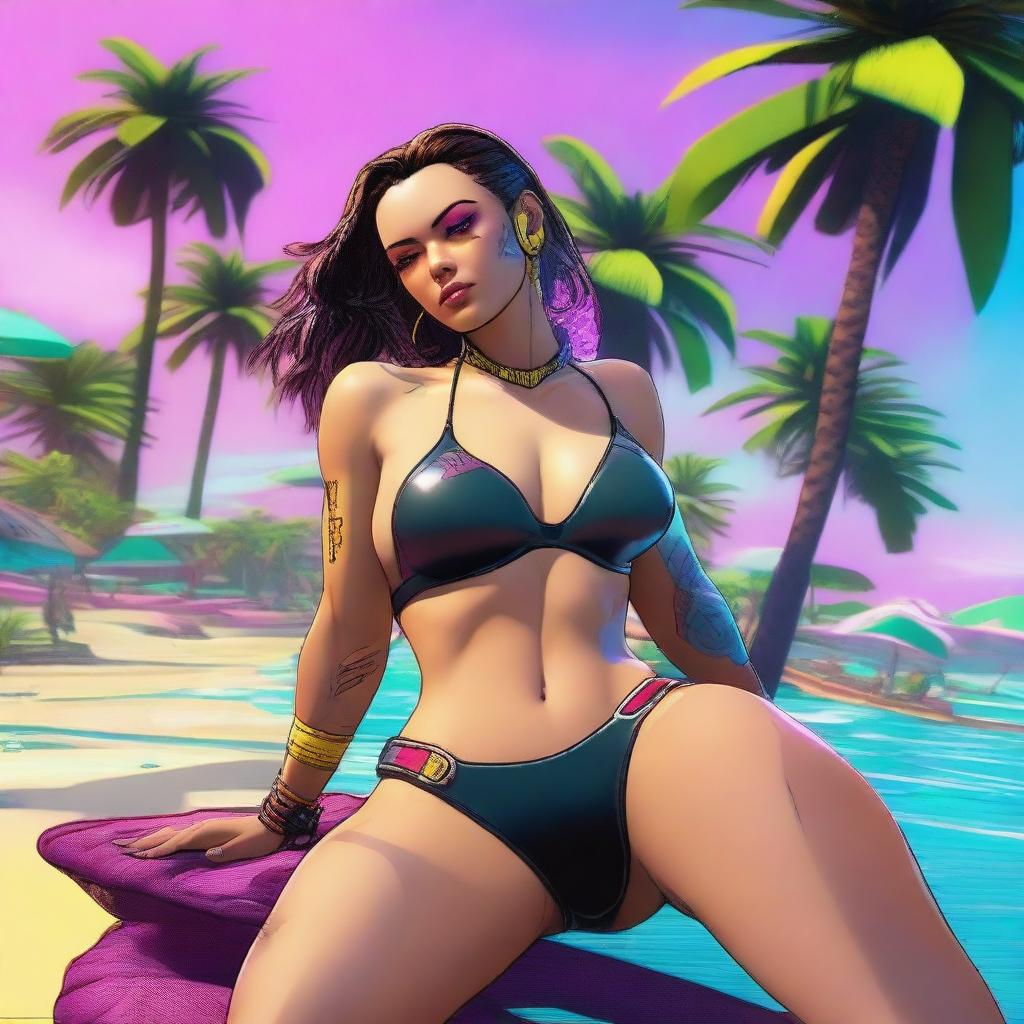 Create an image of Panam Palmer from Cyberpunk 2077 laying down in a bikini