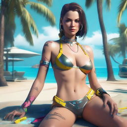 Create an image of Panam Palmer from Cyberpunk 2077 laying down in a bikini